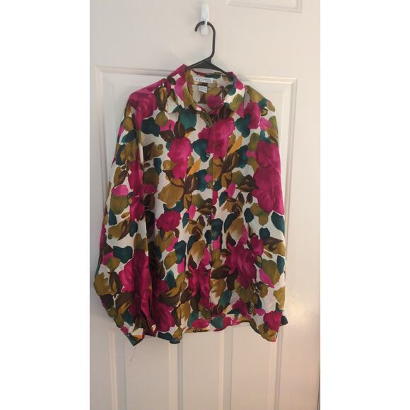 Express Women's Vintage Silk Floral Long Sleeve Button Down Shirt, Large, Artsy - Picture 2 of 7